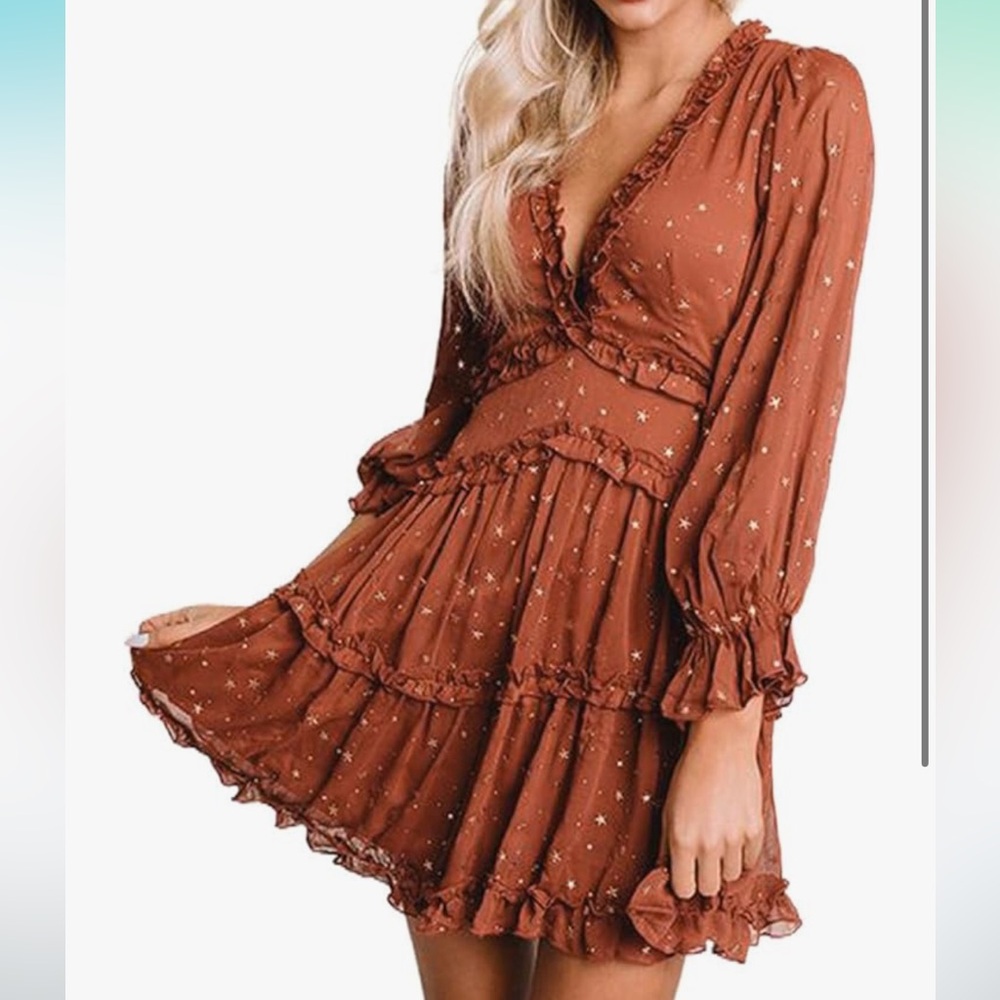 Amazon Orange Ruffled Wrap Sundress with Bishop Sleeves